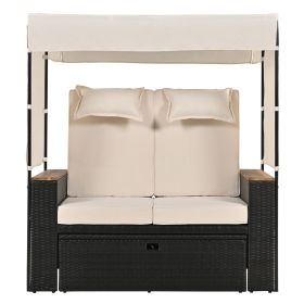 TREXM 2-Piece Outdoor Rattan Daybed, Outdoor Bed with 5 Positions, Outdoor Loveseat Patio Sofa with Bench Lounge Roof Set and Cushions for Poolsi
