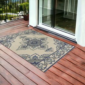 2' X 3' Ivory and Blue Damask Handmade Indoor Outdoor Area Rug