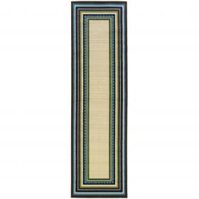 2' X 3' Ivory and Blue Striped Indoor Outdoor Area Rug