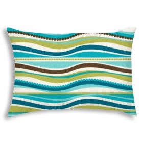 14" X 20" Aqua And Olive Blown Seam Striped Lumbar Indoor Outdoor Pillow