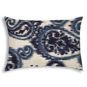 14" X 20" Navy Blue And Cream Blown Seam Paisley Lumbar Indoor Outdoor Pillow