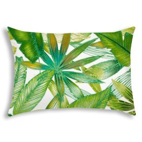 14" X 20" Teal And White Blown Seam Tropical Lumbar Indoor Outdoor Pillow