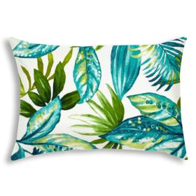 14" X 20" Teal And White Blown Seam Floral Lumbar Indoor Outdoor Pillow