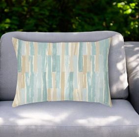 14" X 20" Beige and Aqua Striped Indoor Outdoor Throw Pillow