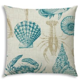 17" X 17" Teal And Ivory Seashells Blown Seam Nautical Lumbar Indoor Outdoor Pillow