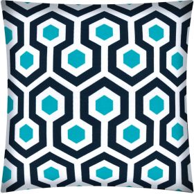 17" X 17" White And Aqua Blown Seam Geometric Lumbar Indoor Outdoor Pillow