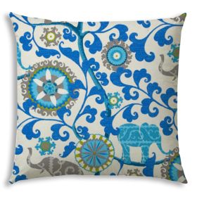 17" X 17" Blue And Gray Blown Seam Floral Lumbar Indoor Outdoor Pillow