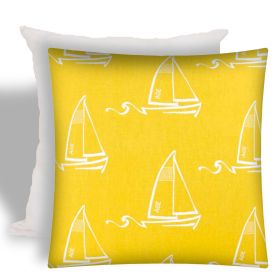 17" X 17" Yellow And White Zippered Sailboat Indoor Outdoor Throw Pillow