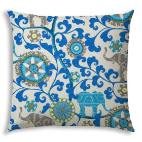 20" X 20" Blue And Gray Blown Seam Floral Throw Indoor Outdoor Pillow