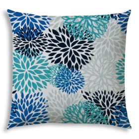 20" X 20" Blue And White Blown Seam Floral Throw Indoor Outdoor Pillow