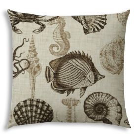 20" X 20" Brown And Natural Brown Fish Zippered Coastal Throw Indoor Outdoor Pillow