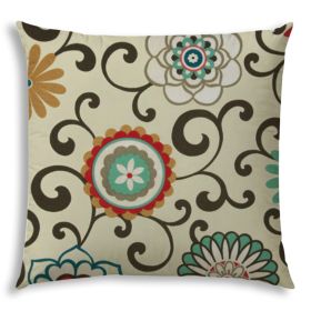 20" X 20" Cream And Red Zippered Floral Throw Indoor Outdoor Pillow