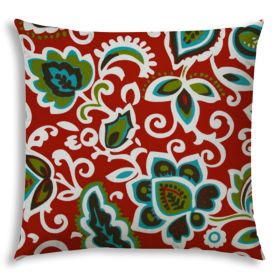 20" X 20" Read And Green Zippered Floral Throw Indoor Outdoor Pillow