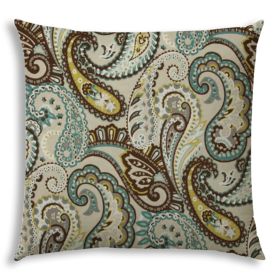 20" X 20" Brown And Teal Zippered Paisley Throw Indoor Outdoor Pillow