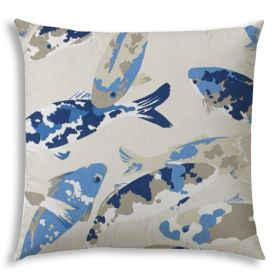20" X 20" Taupe And Navy Fish Zippered Coastal Throw Indoor Outdoor Pillow