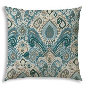 20" X 20" Aqua And Cream Zippered Paisley Throw Indoor Outdoor Pillow