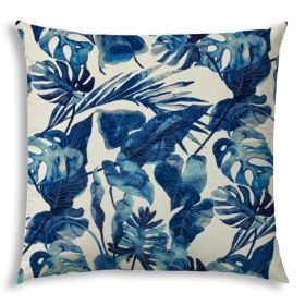 20" X 20" Navy Blue And White Zippered Tropical Throw Indoor Outdoor Pillow
