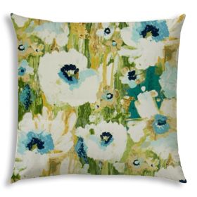 20" X 20" Green and White Floral Indoor Outdoor Throw Pillow With No Decorative Addition