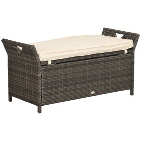 Outsunny Wicker Storage Bench Cream White Outdoor Patio PE Rattan Large Capacity