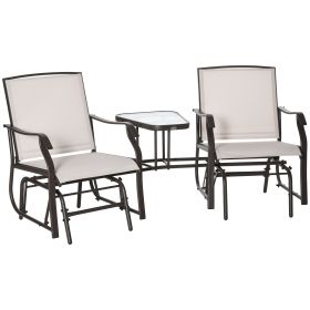Outsunny Outdoor Glider Chairs with Coffee Table, Patio 2-Seat Rocking Chair Swing Loveseat with Breathable Sling for Backyard, Porch, Beige