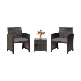 3 Pieces Patio Wicker Furniture Set with Storage Table and Protective Cover (Color: Gray)