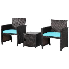 3 Pieces Patio Wicker Furniture Set with Storage Table and Protective Cover (Color: Turquoise)