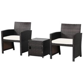 3 Pieces Patio Wicker Furniture Set with Storage Table and Protective Cover (Color: Off White)